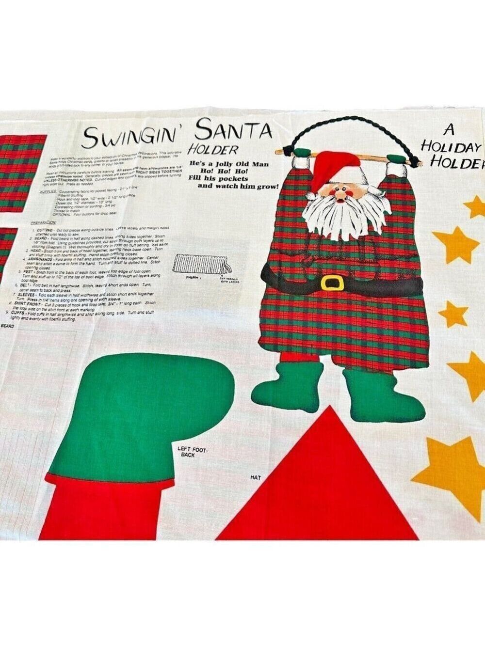 Christmas Santa Claus Fabric Panel Holiday Swinging Wall Decor Sewing Craft 80s